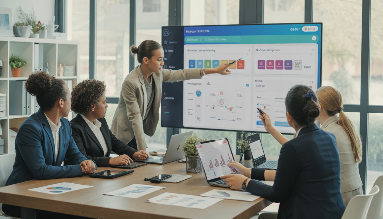 Business professionals collaborating around a table with laptops and a large screen showing software dashboards in a modern office.