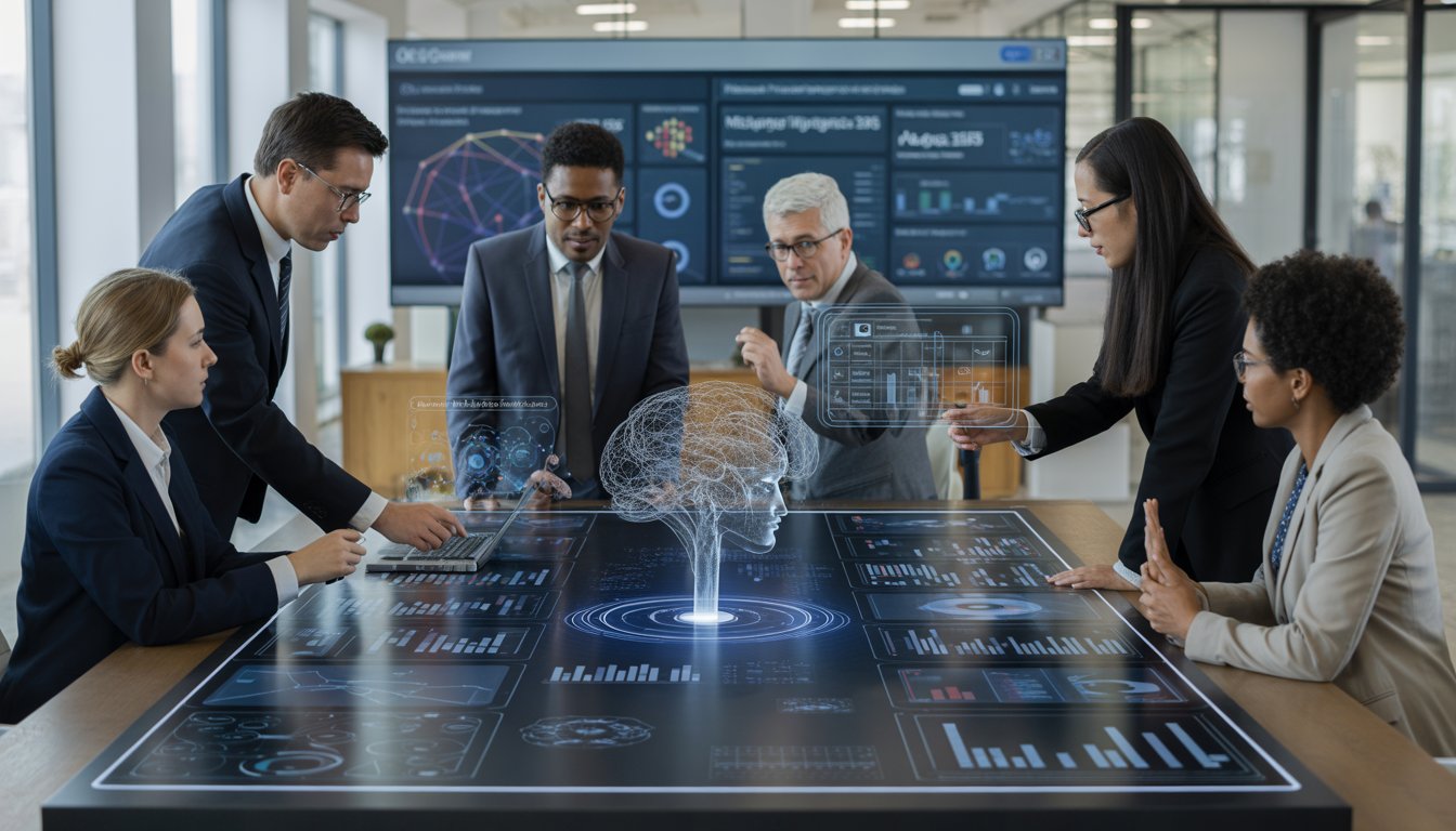 Business professionals collaborating around a digital touchscreen table displaying data visualizations and AI-related graphics in a modern office.