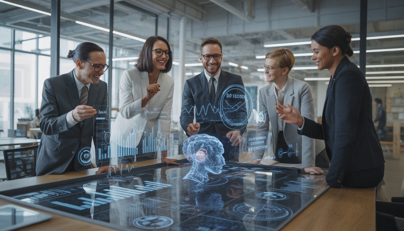A group of business professionals collaborating around a digital touchscreen displaying data and charts in a modern office.