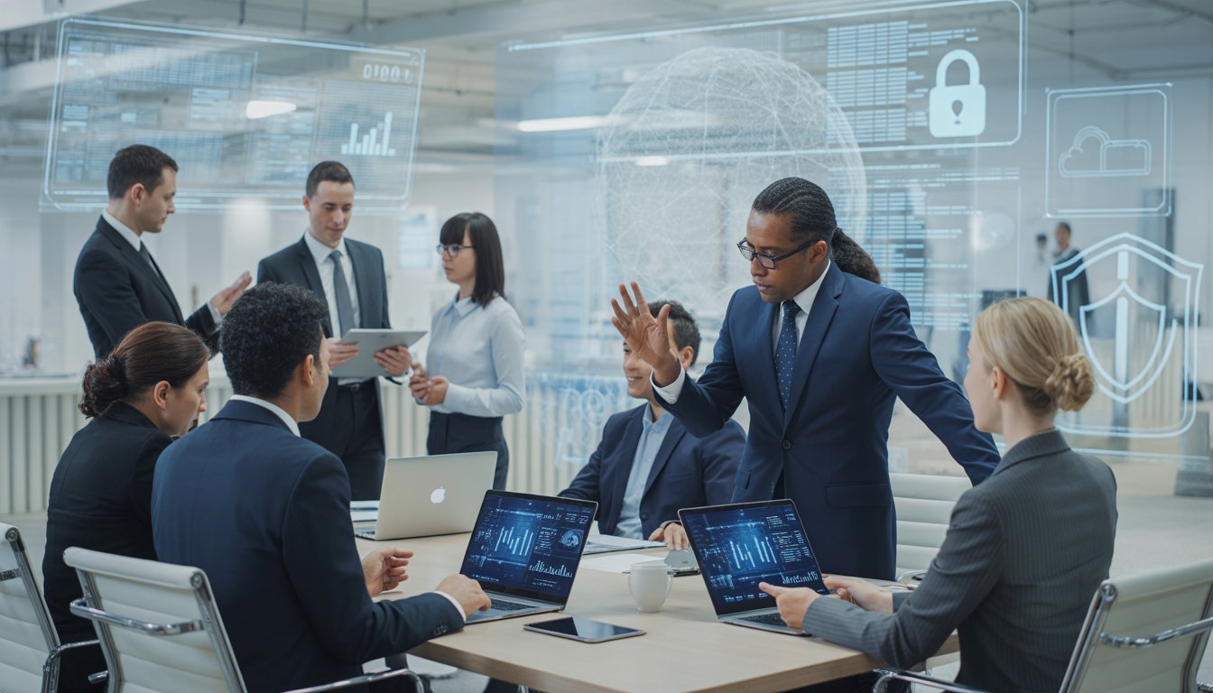 Business professionals discussing cybersecurity and compliance around a conference table with digital data displays and security icons in a modern office.