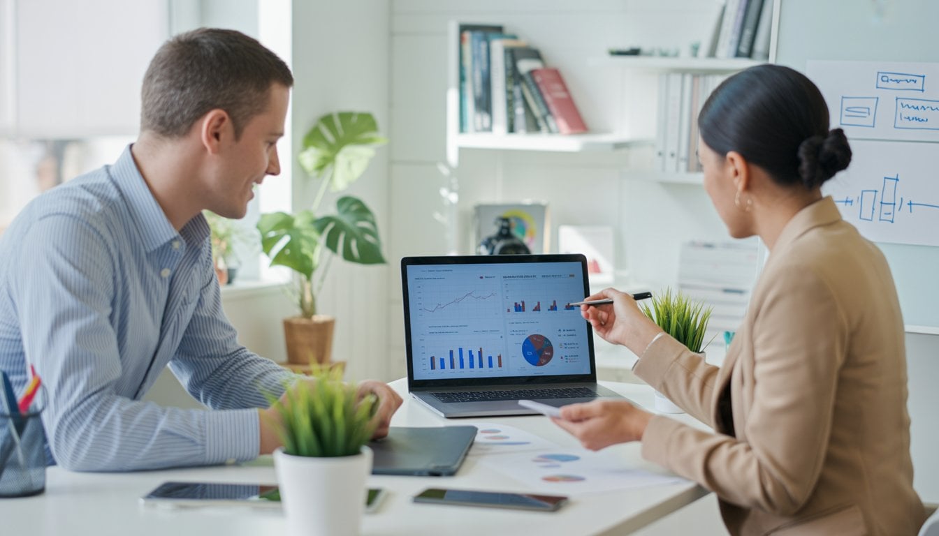 Two people discussing business data on a laptop in a modern office setting.