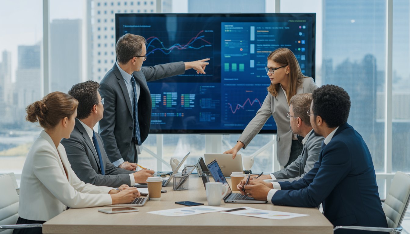 A group of business professionals collaborating around a conference table with a digital screen displaying charts in a modern office.