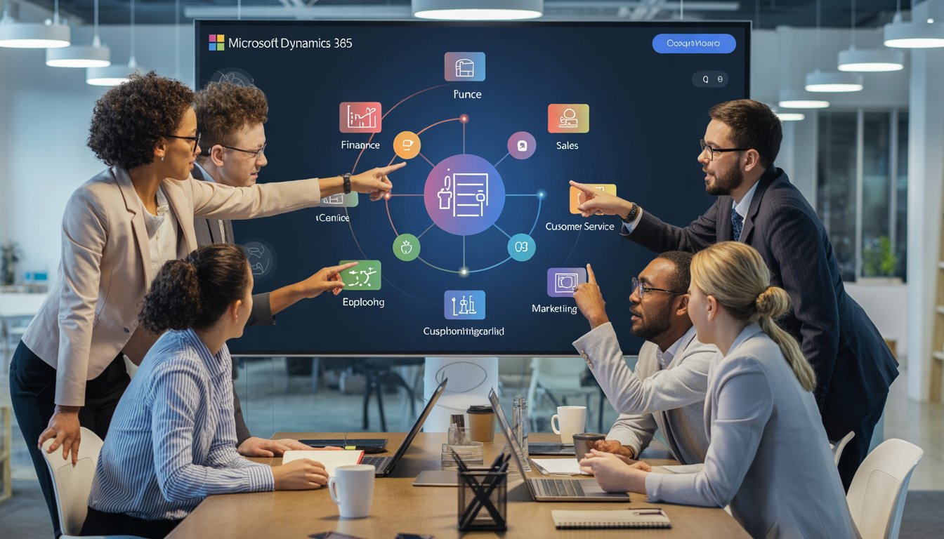 A group of business professionals collaborating around a digital touchscreen displaying colorful icons representing various software modules in an office setting.